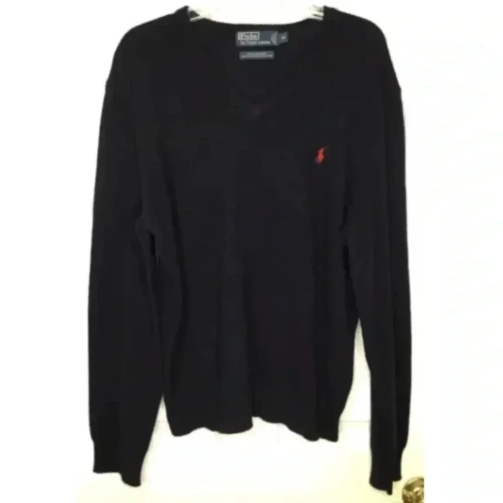 Men POLO RALPH LAUREN navy Blue 100% Lambswool V-neck L/s Sweater Sz XL pullover